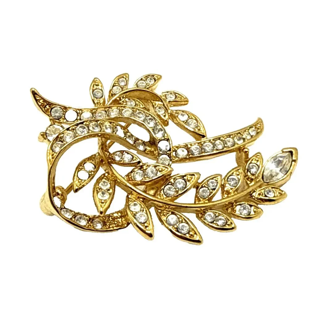Vintage NWOT Napier Gold Tone Clear Rhinestone Brooch Floral  Fern Ribbon Pin 2